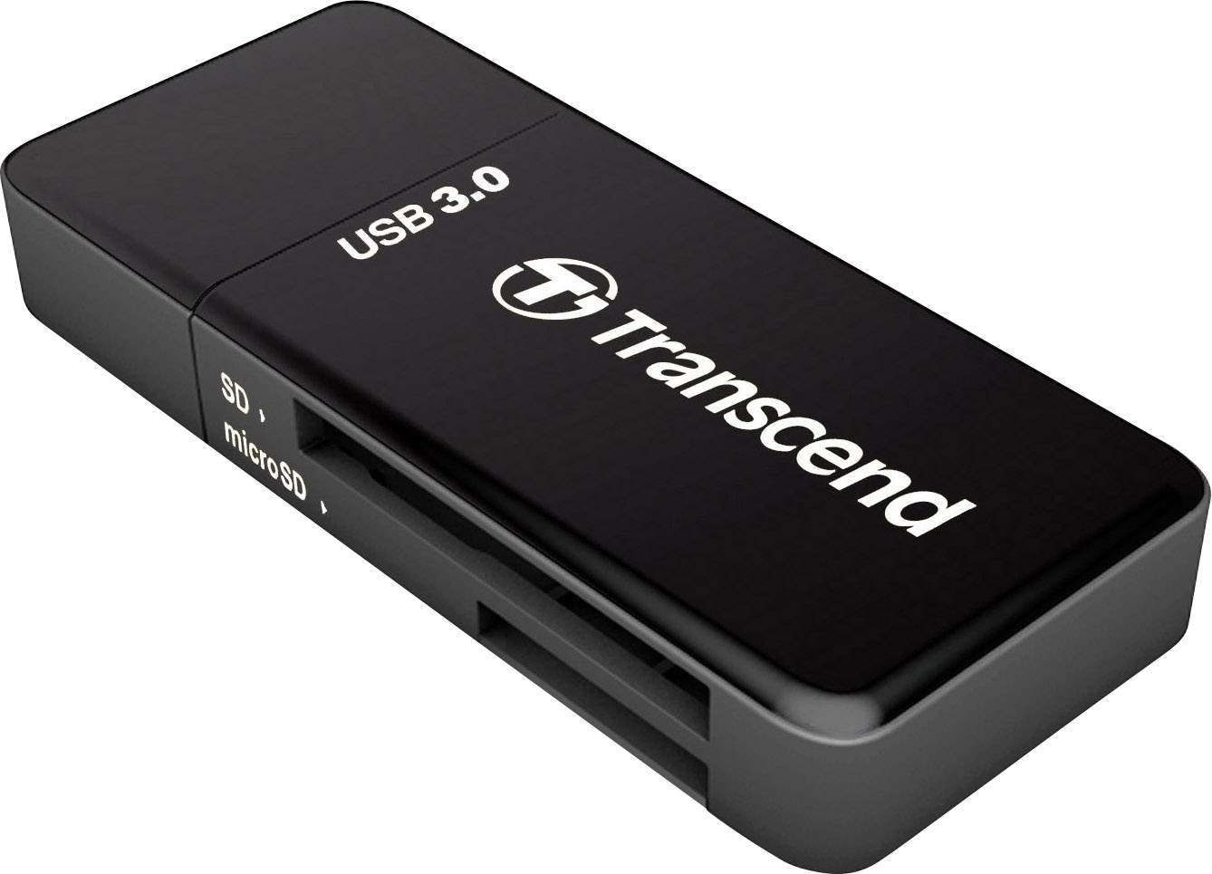 A black Transcend USB 3.0 card reader with slots for SD and microSD cards, set against a white background.