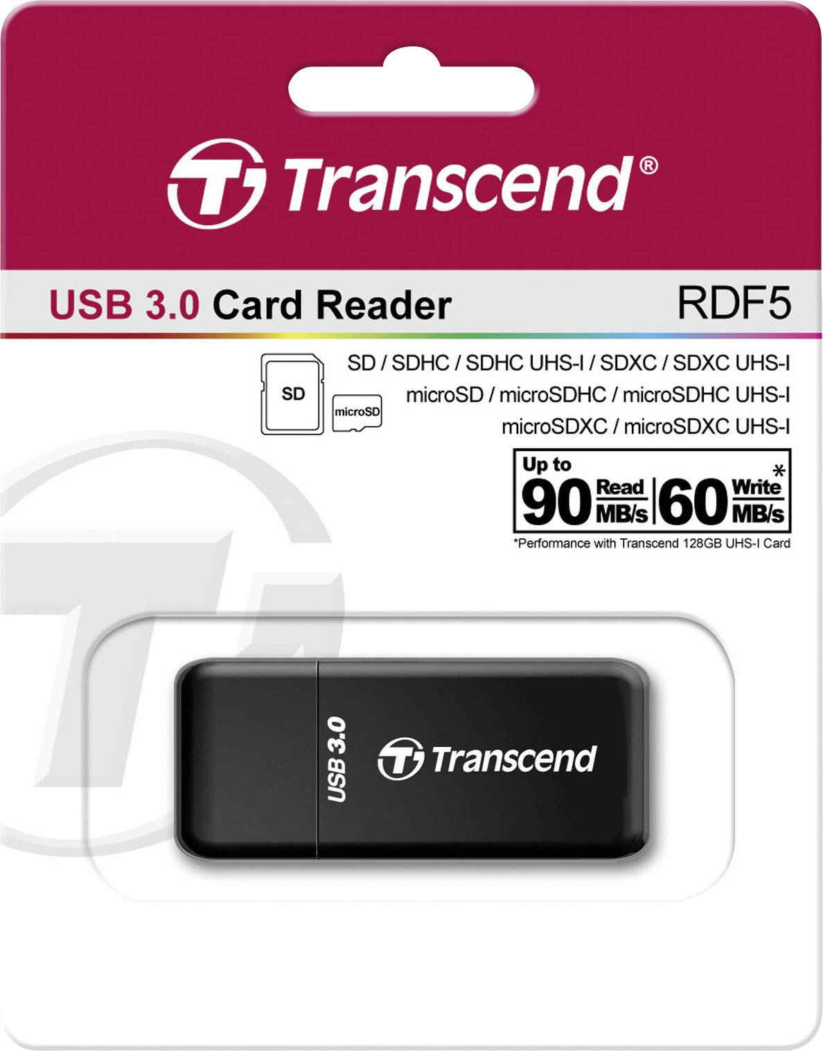 'Transcend USB 3.0 Card Reader RDF5' in packaging, compatible card formats listed. Speed: Read up to 90 MB/s, Write up to 60 MB/s.