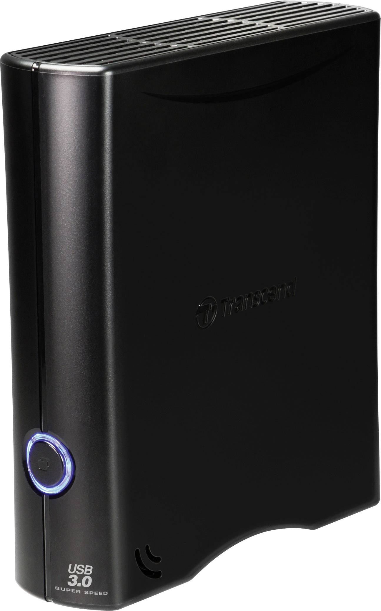 External Hard Drive in Black with USB 3.0 Connection. LED Indicator Light on the Front Panel, Sleek and Modern Design.