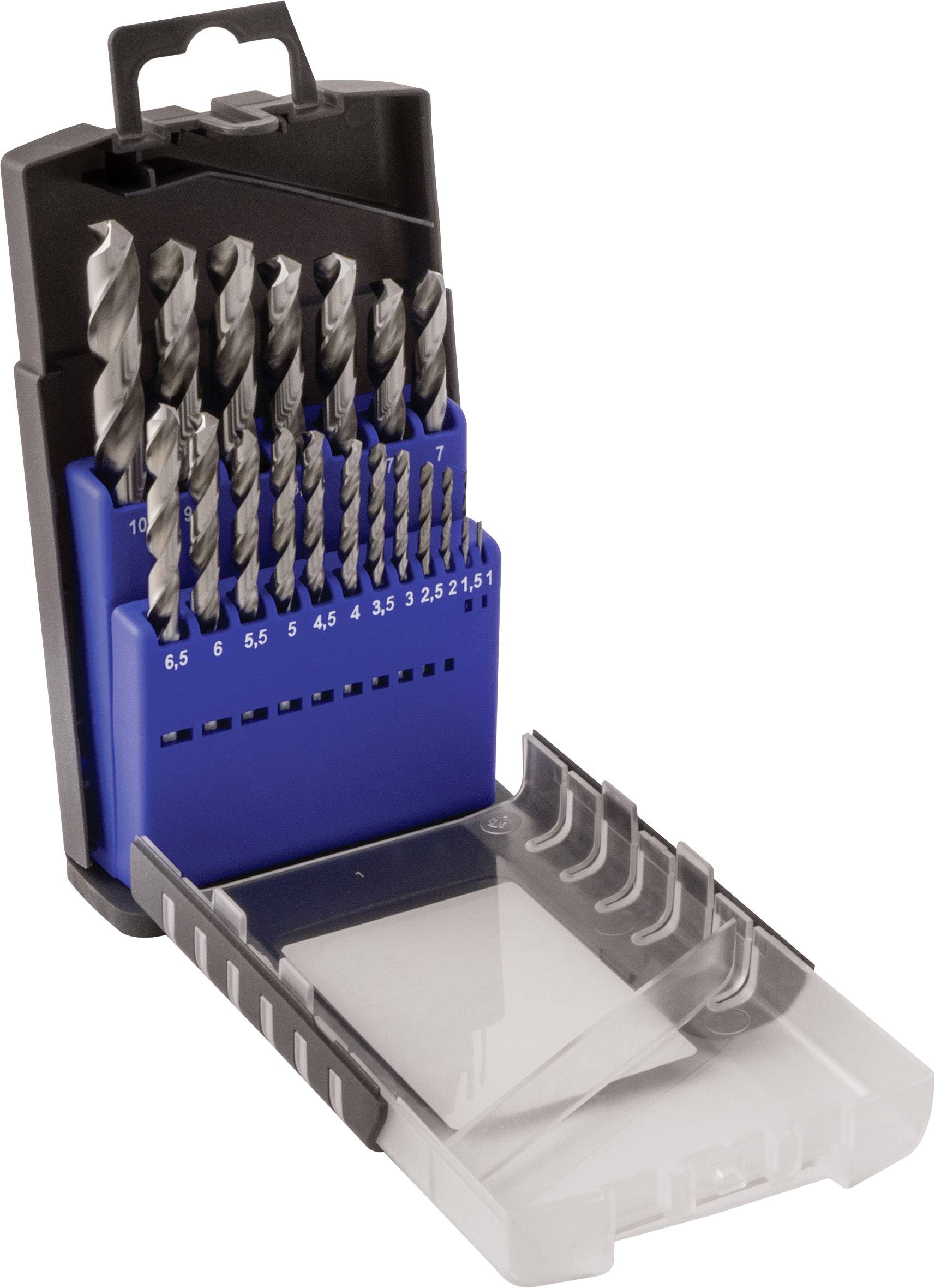 A set of spiral drill bits unfolded in various sizes, numbered from 1 to 10, in a black plastic case with a transparent lid.