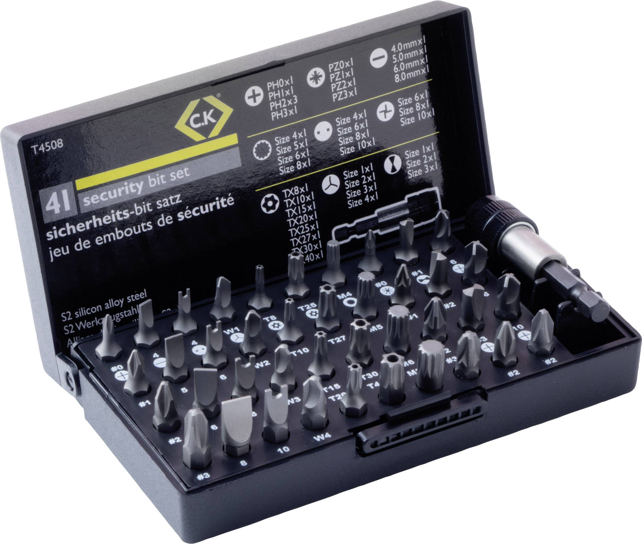 Open box with 41 security bits and bit holder. Contains various slotted, Phillips and Torx bits. Brand: C.K.