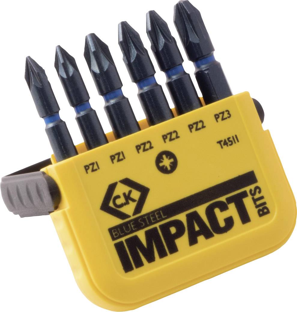Yellow case with six blue screwdriver bits, each marked PZ1, PZ2, PZ3, T45, together with brand name 'IMPACT'.