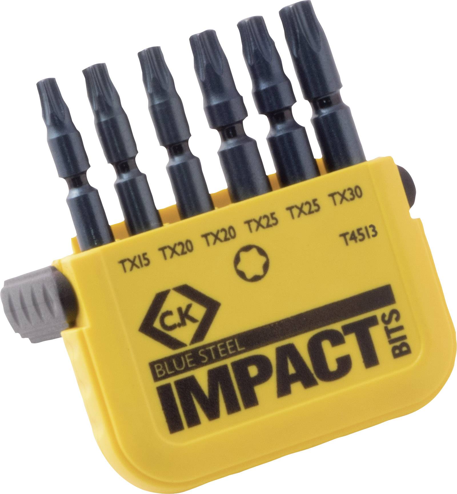 Yellow holder with six dark, robust screwdriver bits ranging from TX15 to TX30, suitable for thick material.