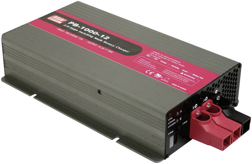 A rectangular, grey battery charger by Mean Well with red connectors and technical data on a label.