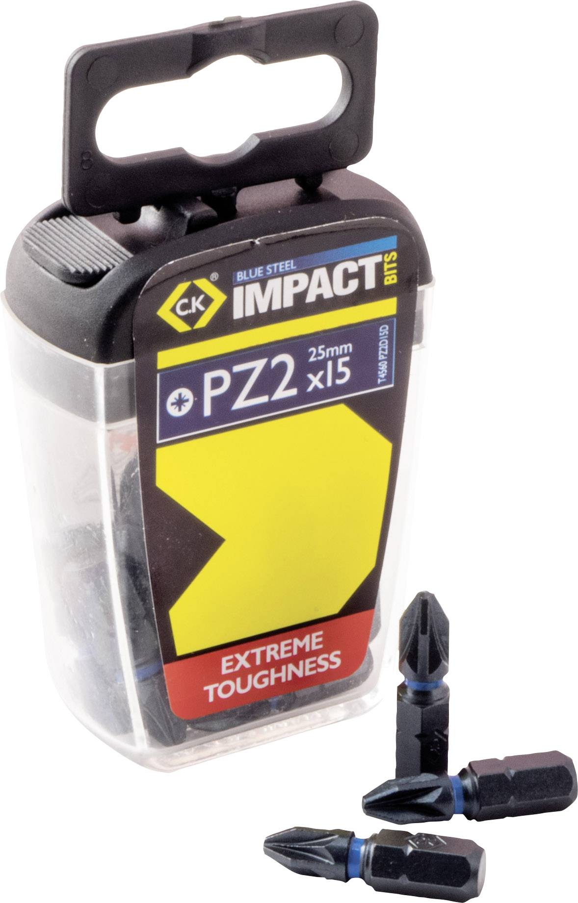 Drill Bit Set with Storage Case. Labelled with 'PZ2 25mm x15' and 'Extreme Toughness'. Contains three highlighted bits.