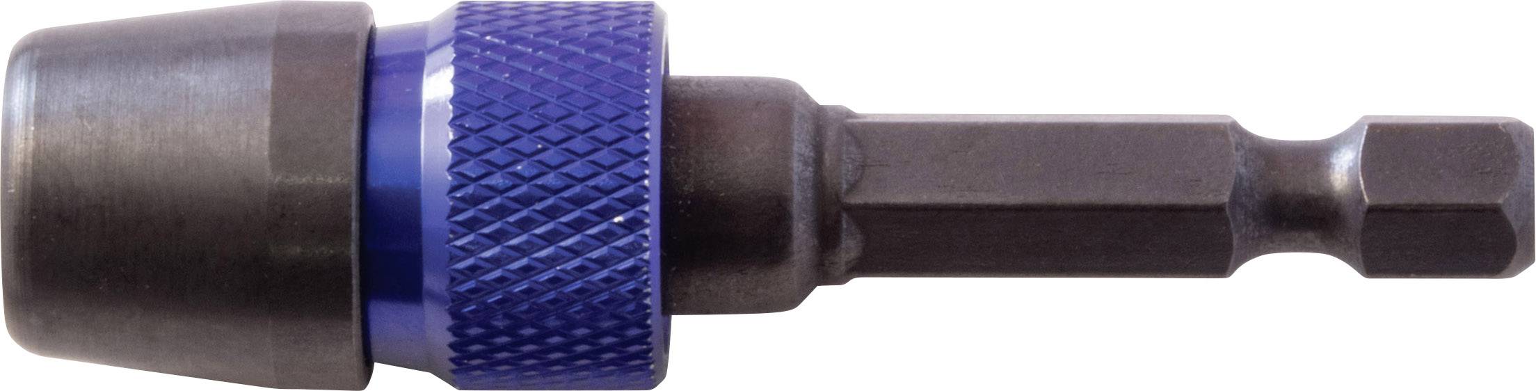 A magnetic bit holder made of metal with a blue handle, for screwdrivers or drill machines, shows a robust design.
