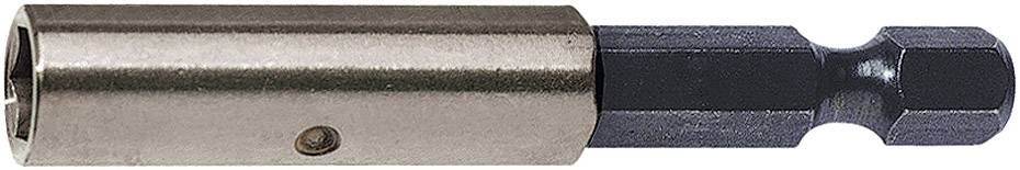 A magnetic bit holder made of metal and black steel. It is used for holding and securing screwdriver bits.