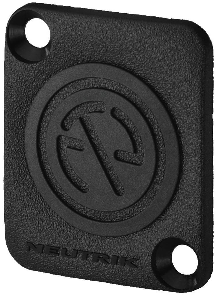 Black plastic cover plate with embossed logo and two mounting holes, manufactured by Neutrik.
