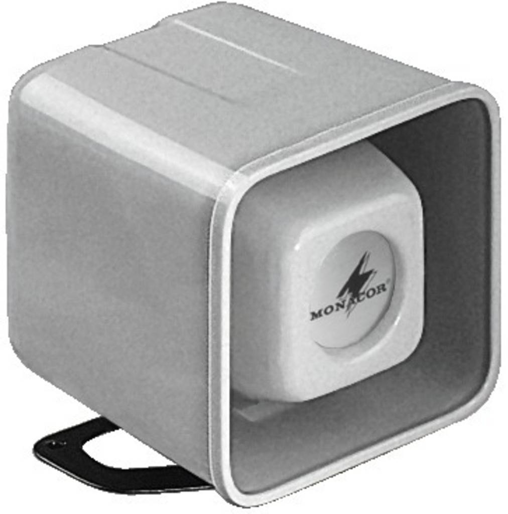 Loudspeaker with a square housing, grey in colour, and a distinctive logo in the centre. Suitable for outdoor or industrial applications.