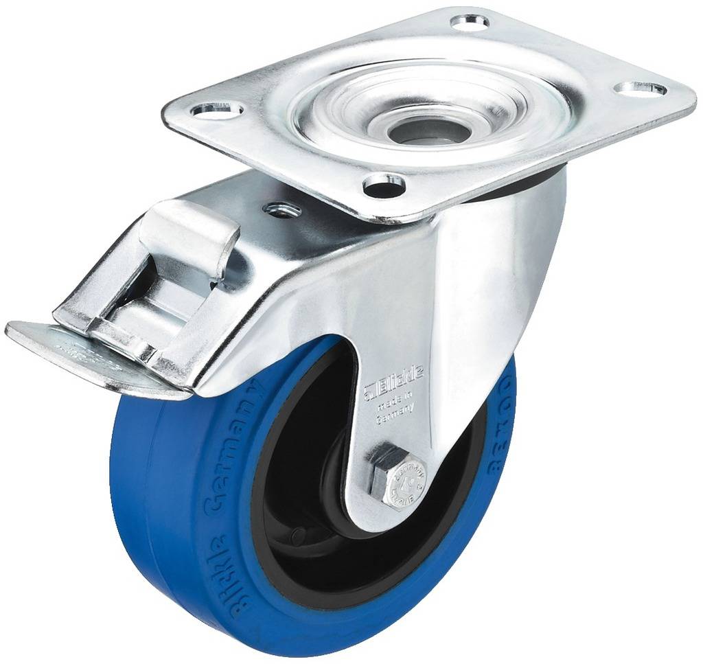 Swivel castor with blue rubber wheel and metal housing, suitable for furniture or transport trolleys, provides manoeuvrability and stability.