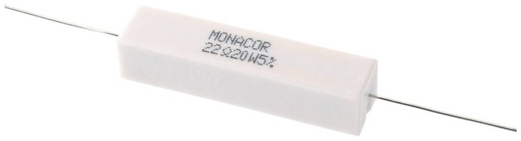 A white cemented resistor with the inscription 'MONACOR 22Ω 5%'. Long, thin wires protrude from both ends.