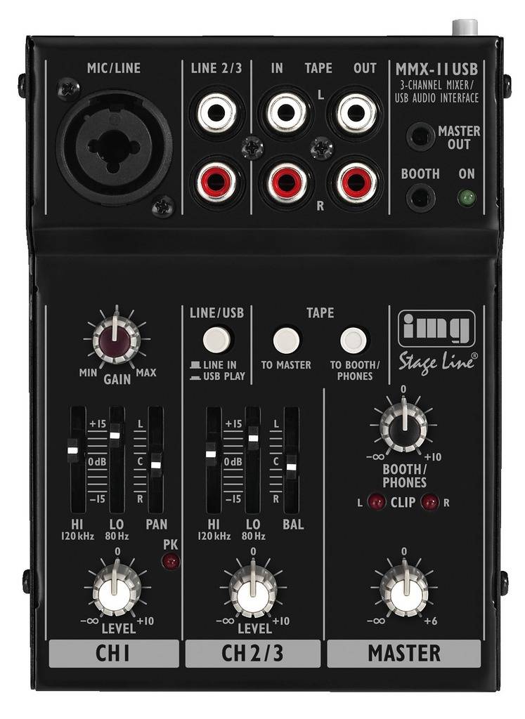 The image shows a 3-channel USB audio interface with rotary controls for gain and volume, along with inputs for microphone and line-in.