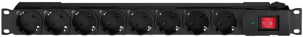 A black power strip with eight socket outlets and a red on/off switch on the right-hand side.