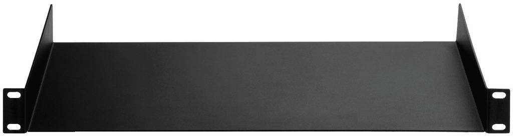 A black shelf for a 19-inch rack with two side mounting rails, suitable for installing equipment or accessories.