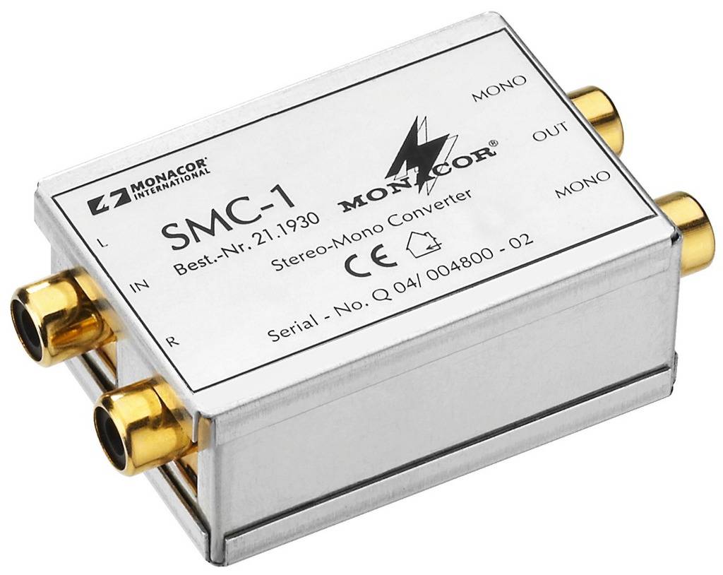 'SMC-1' Stereo-Mono Converter by Monacor, Model No. 21.1930. Compact, silver, with four connections: two inputs (IN) and two outputs (OUT).