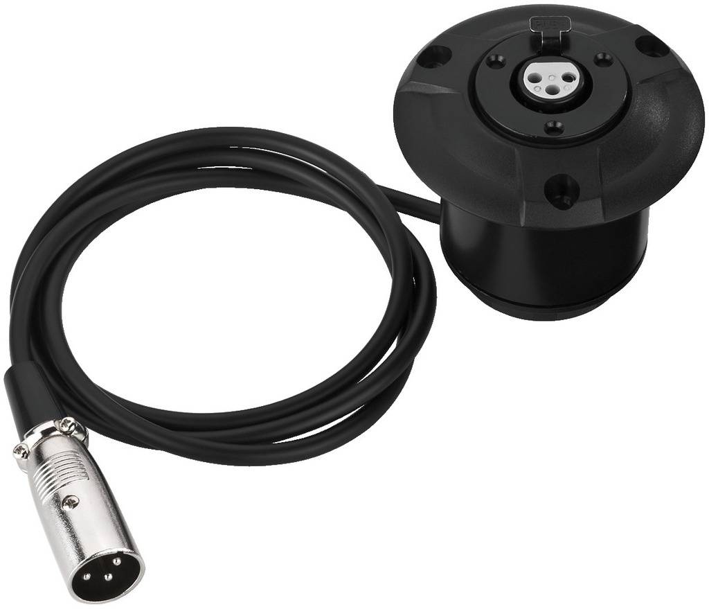 Black microphone floor flange with XLR connection and round flat cable, suitable for stage or audio equipment.