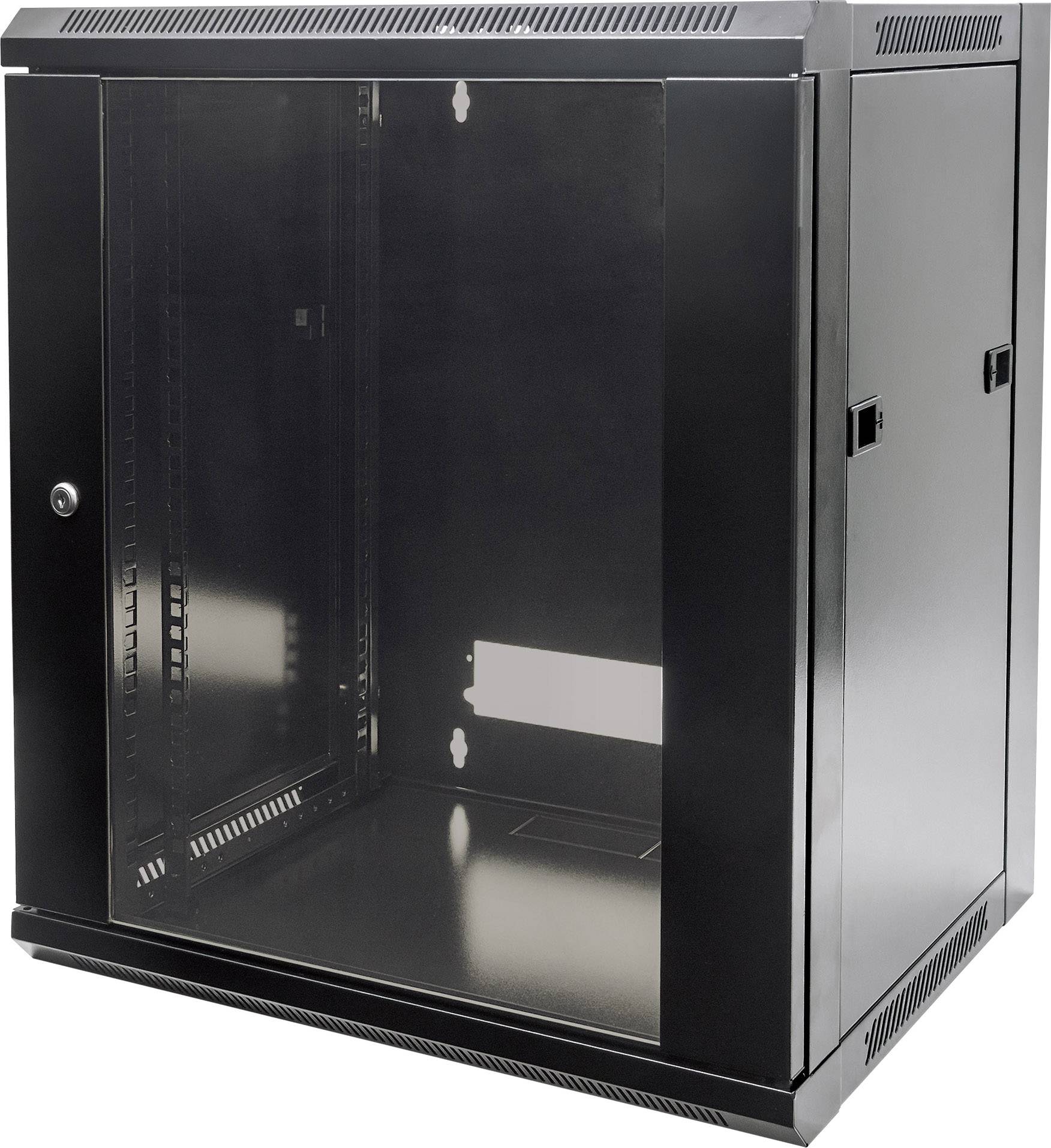 Black network server cabinet with glass door, suitable for securely storing IT equipment in offices or data centres.