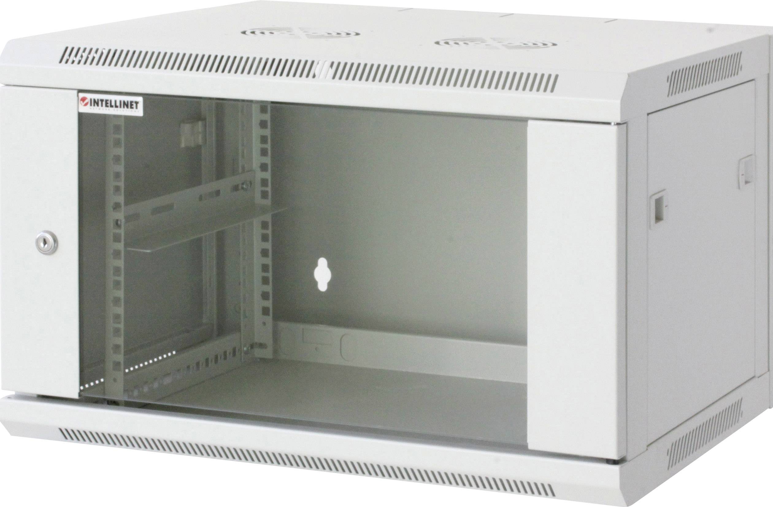 Metallic server rack enclosure with glass door, for wall mounting, brand name in the top left corner, without any contained equipment.