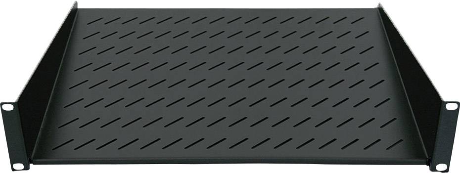 A black ventilation shelf, designed for mounting in a server rack, with diagonal ventilation slots for heat dissipation.