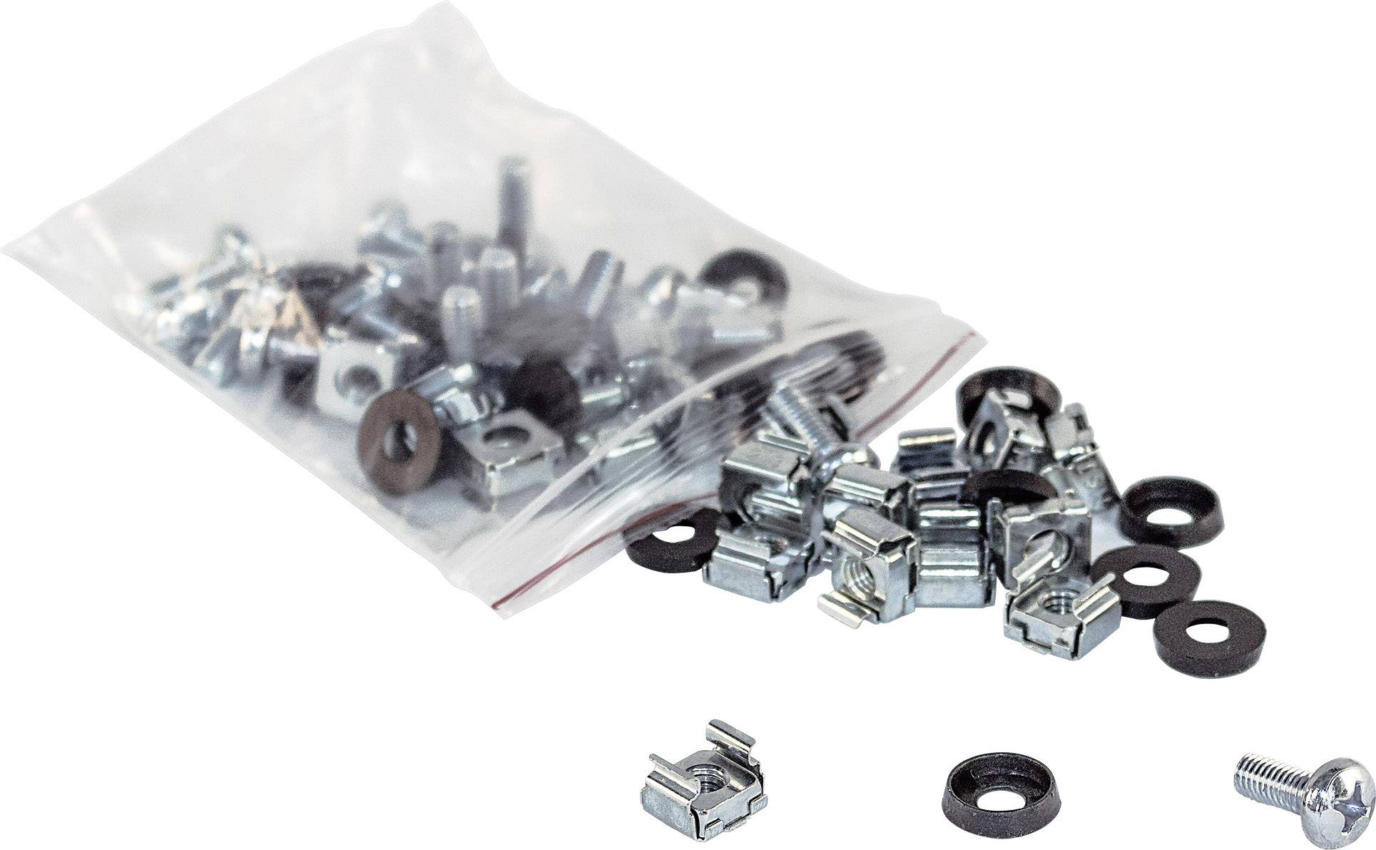 An opened plastic bag with several cage nuts, bolts, and plastic washers scattered on a white surface.