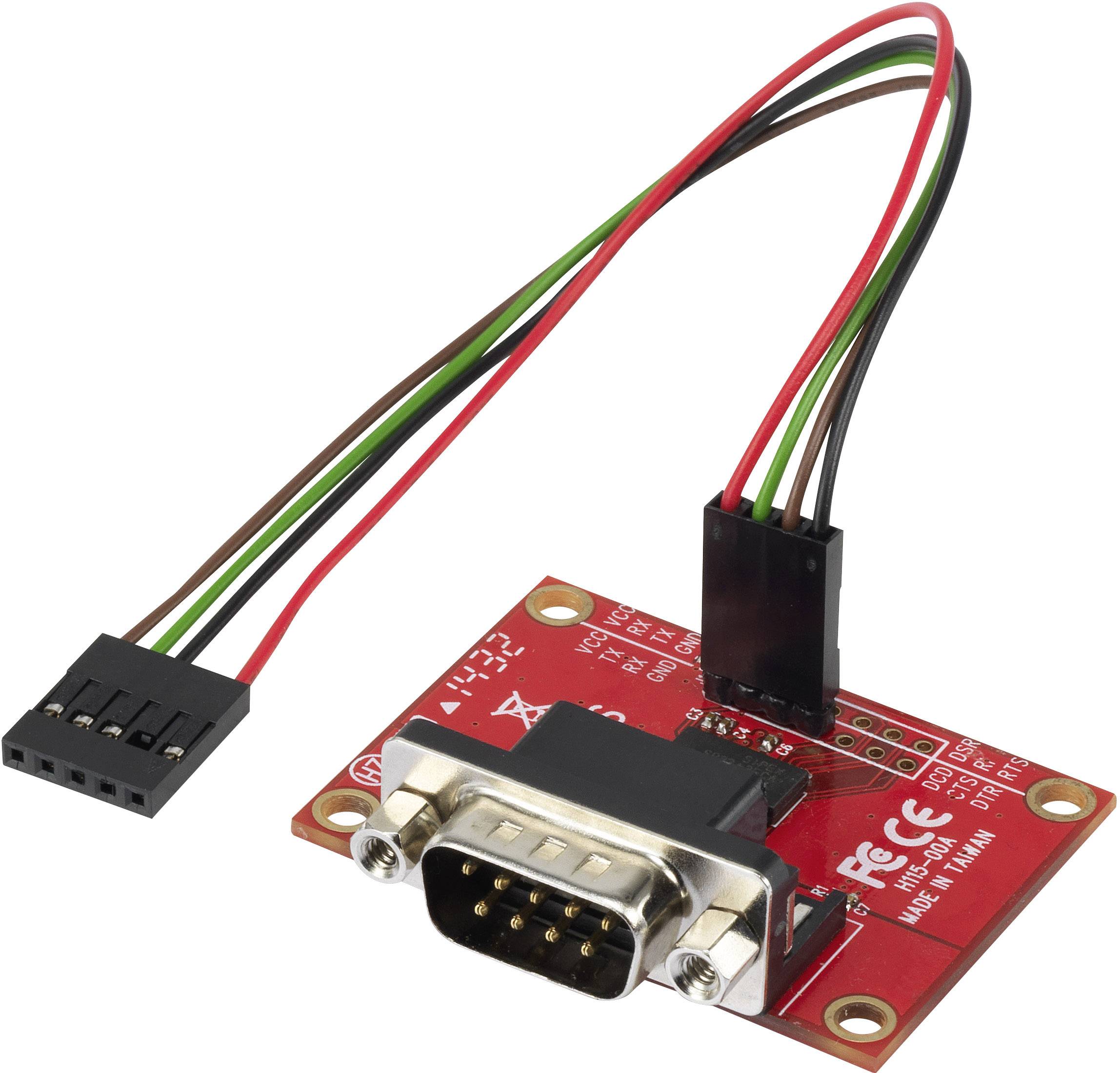 A red adapter with an RS232 port, connected to black, red and green cables that terminate in a five-pin connector.