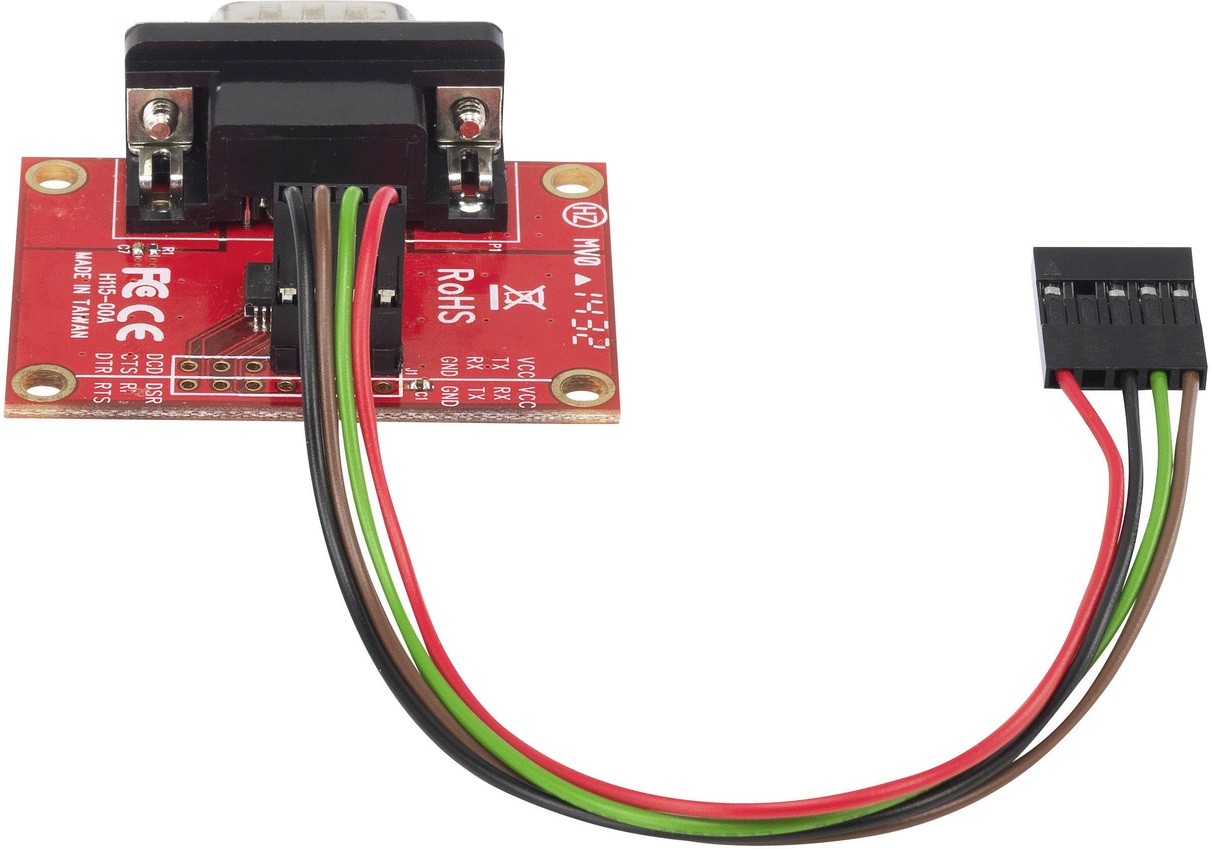 Electronic circuit board with cables, RS232 to TTL converter. Red printed circuit board with labels. Cables in black, white, red, green.