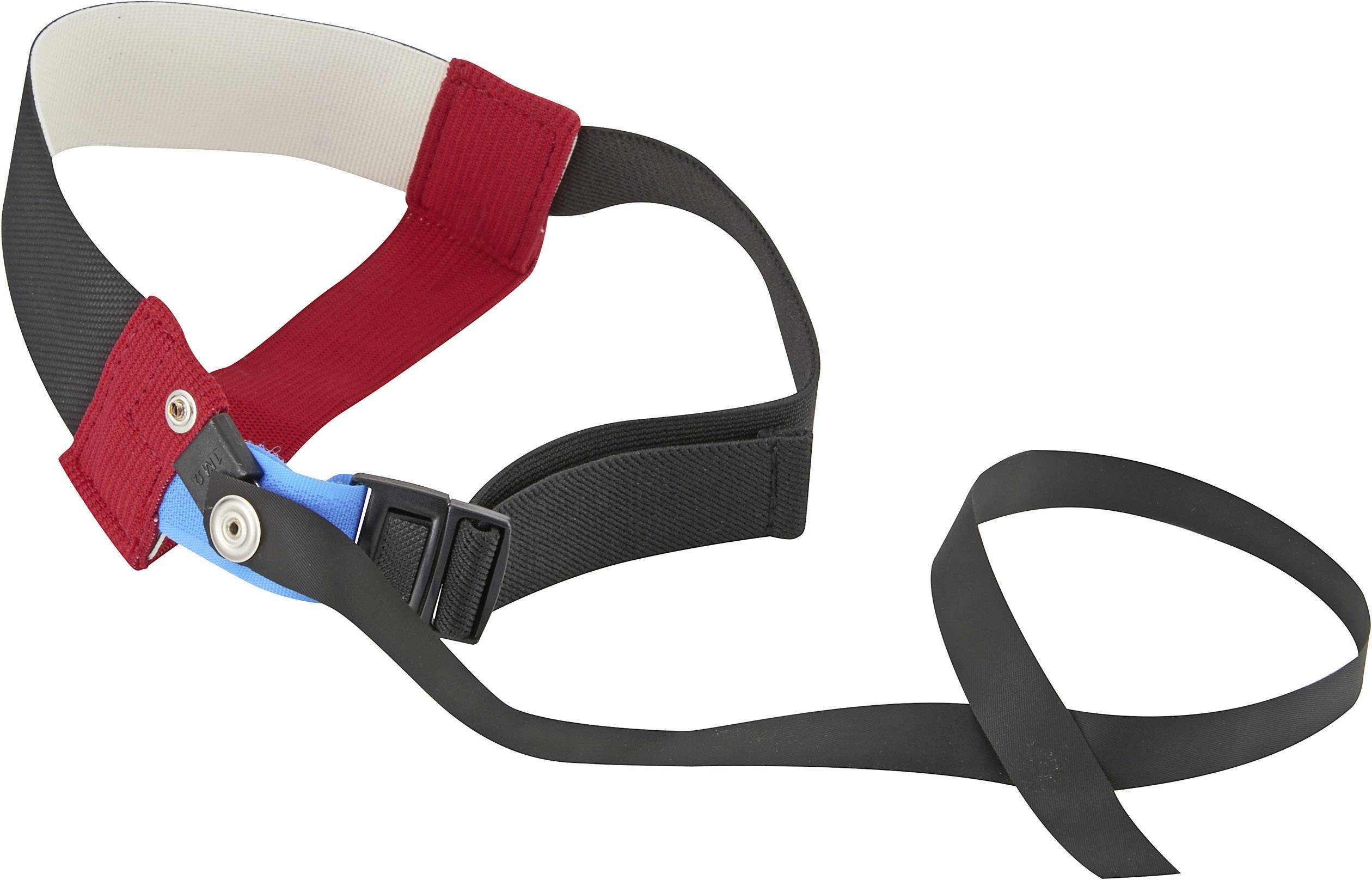 A road bike handlebar tape with red, black, and blue hook and loop fasteners.