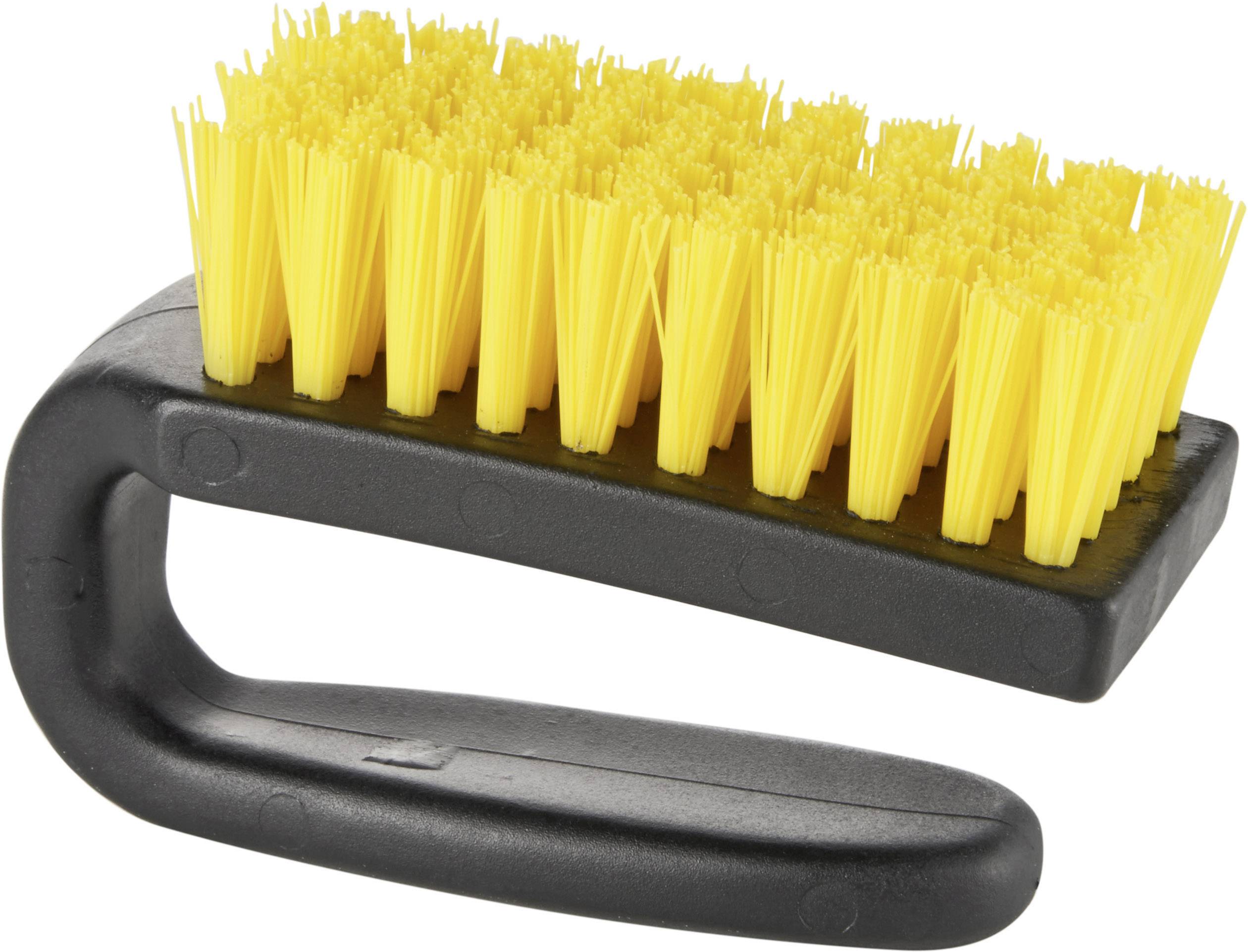 Yellow cleaning brush with a black handle, suitable for scrubbing surfaces.
