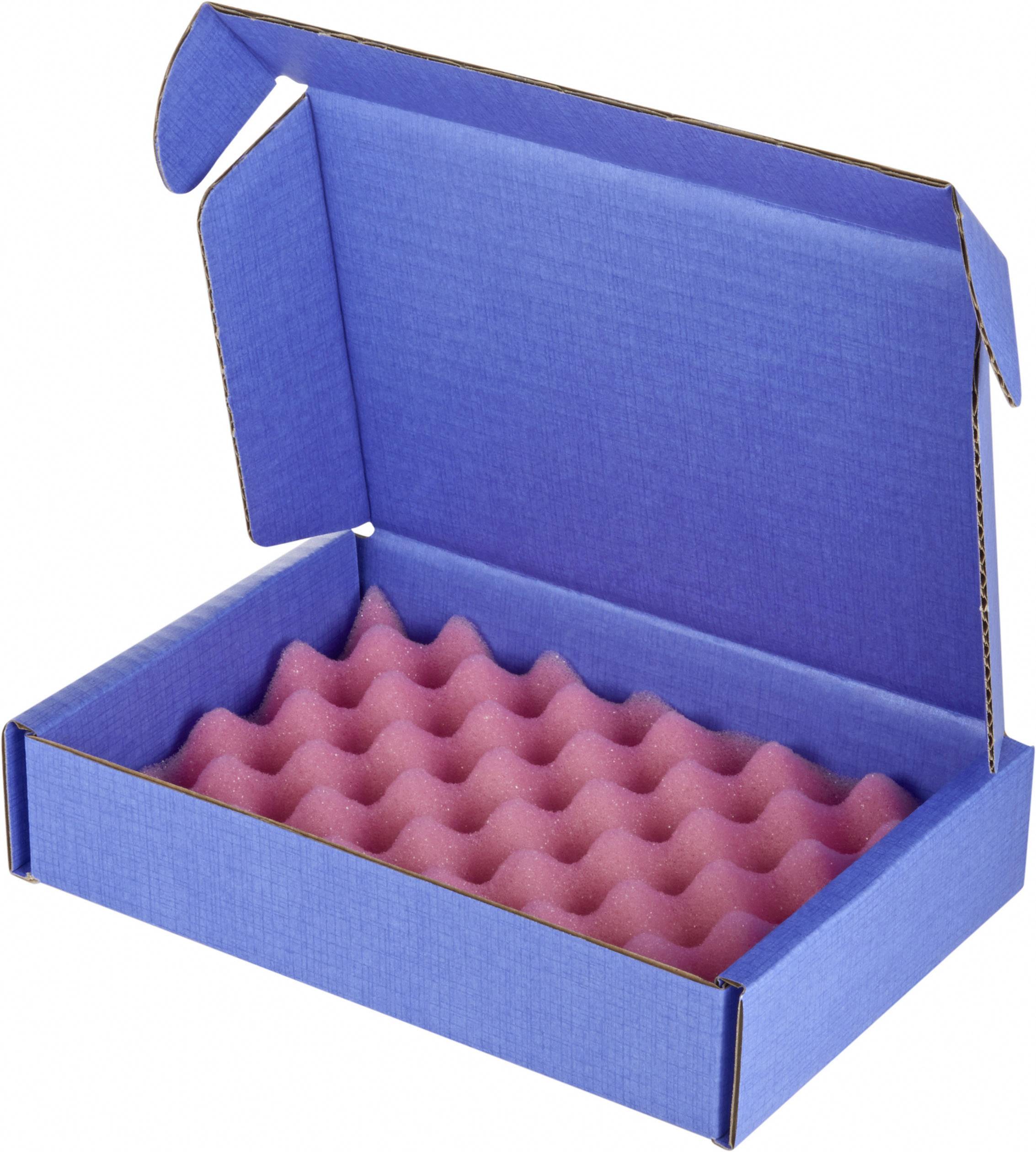 Blue dispatch box with an open flap, internally padded with pink foam for the secure storage of delicate items.