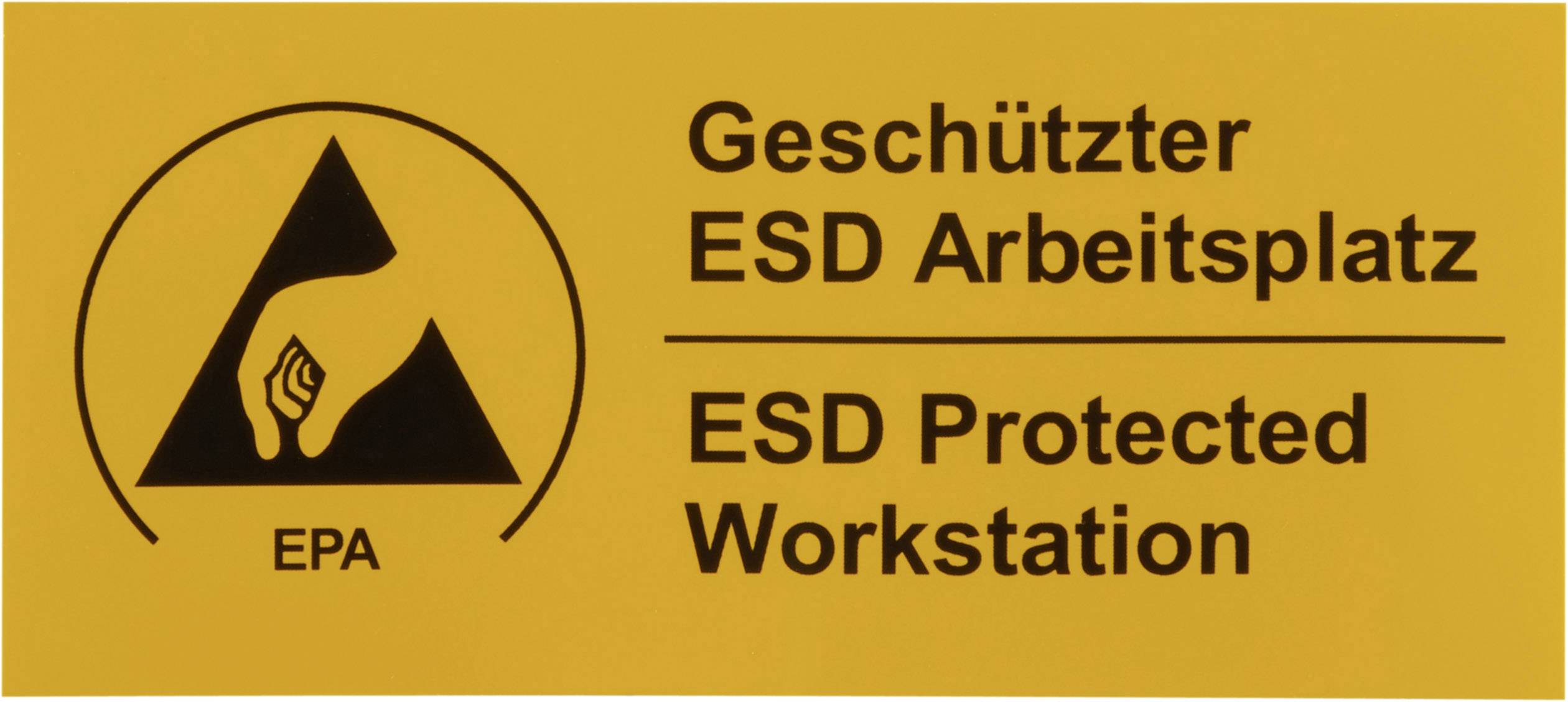 Yellow sign with a black symbol for electrostatically protected work areas and the text 'Protected ESD Workstation'.