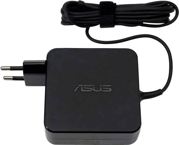 Black power supply with 'ASUS' logo and detachable cable, suitable for portable electronic devices.