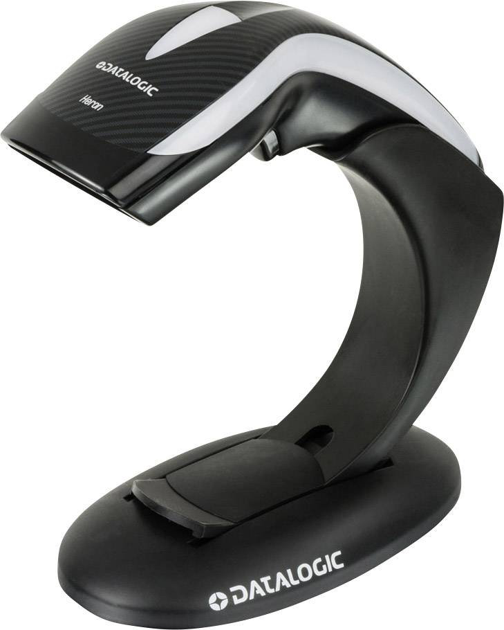 A black and white curved Datalogic barcode scanner on a round base. Ideal for hands-free operation.