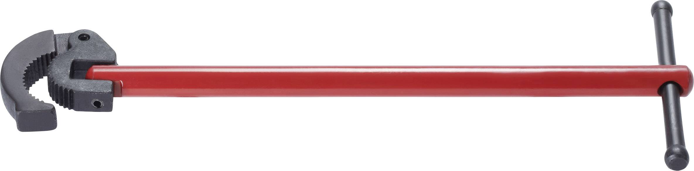 Red pipe wrench with black, adjustable jaw and long handle, displayed against a white background.