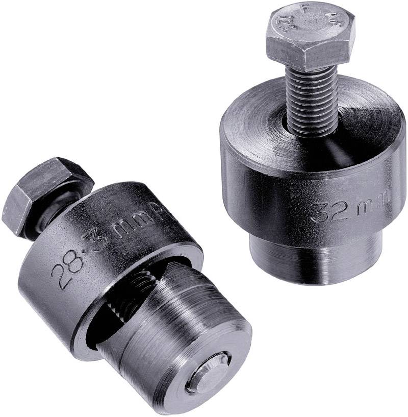 Two round metal tools with inscriptions '28.3 mm' and '32 mm', each with a hexagonal screw head, against a white background.