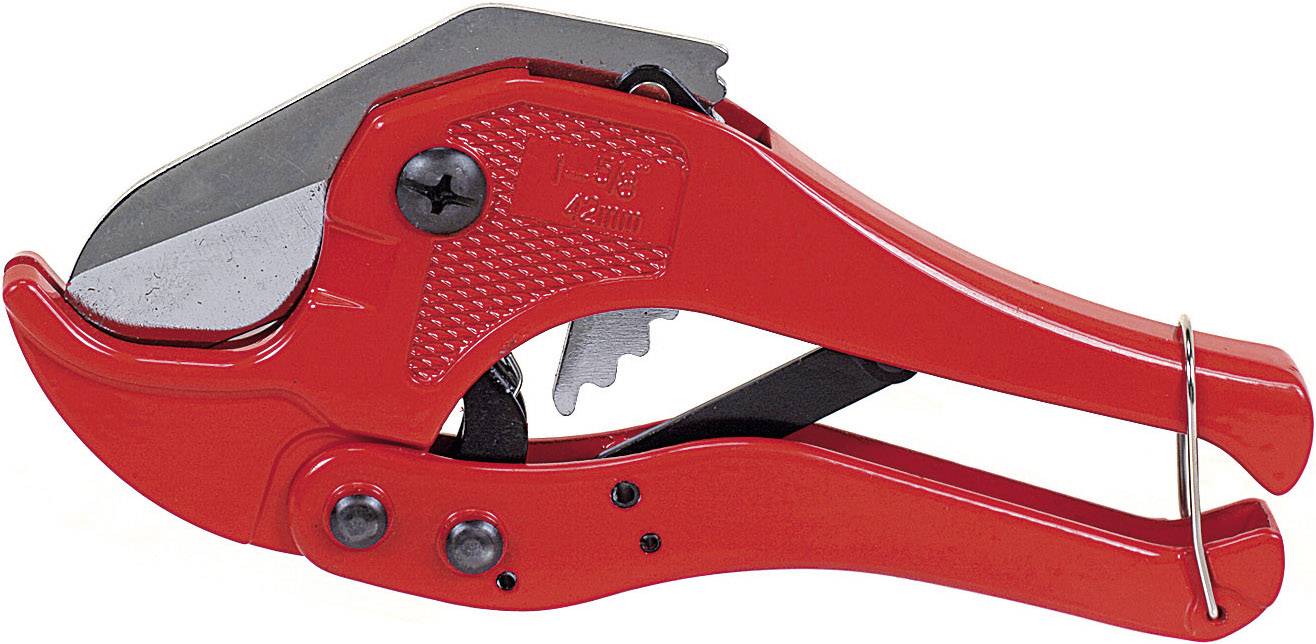 Red pipe cutting pliers with metal cutting blade and black handle. Tool element in working position, ready to cut.