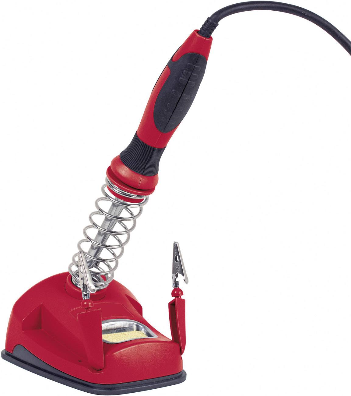 Red soldering iron stand with spring and two crocodile clips for securing workpieces during soldering.