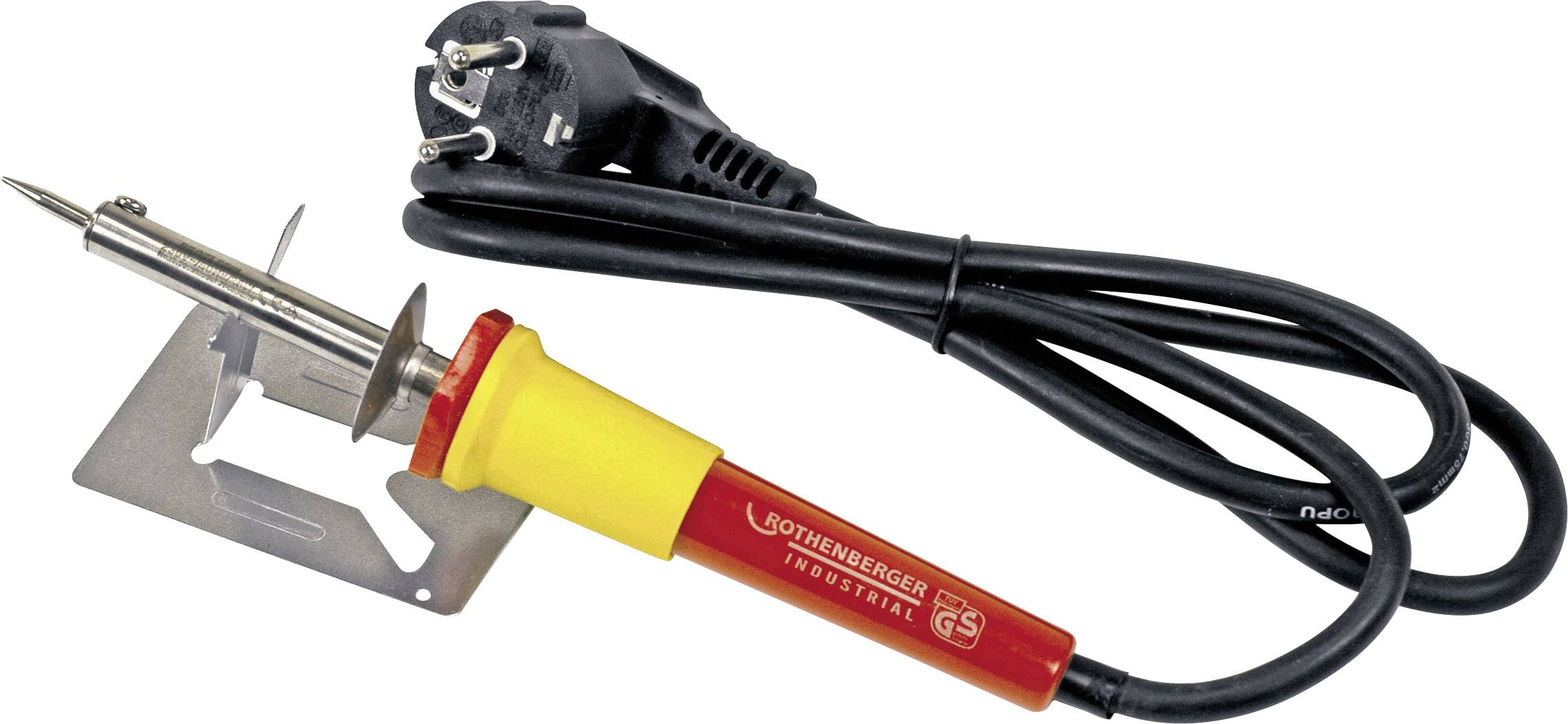 A soldering iron with a yellow handle and red tip, connected to a three-pin black power cable.