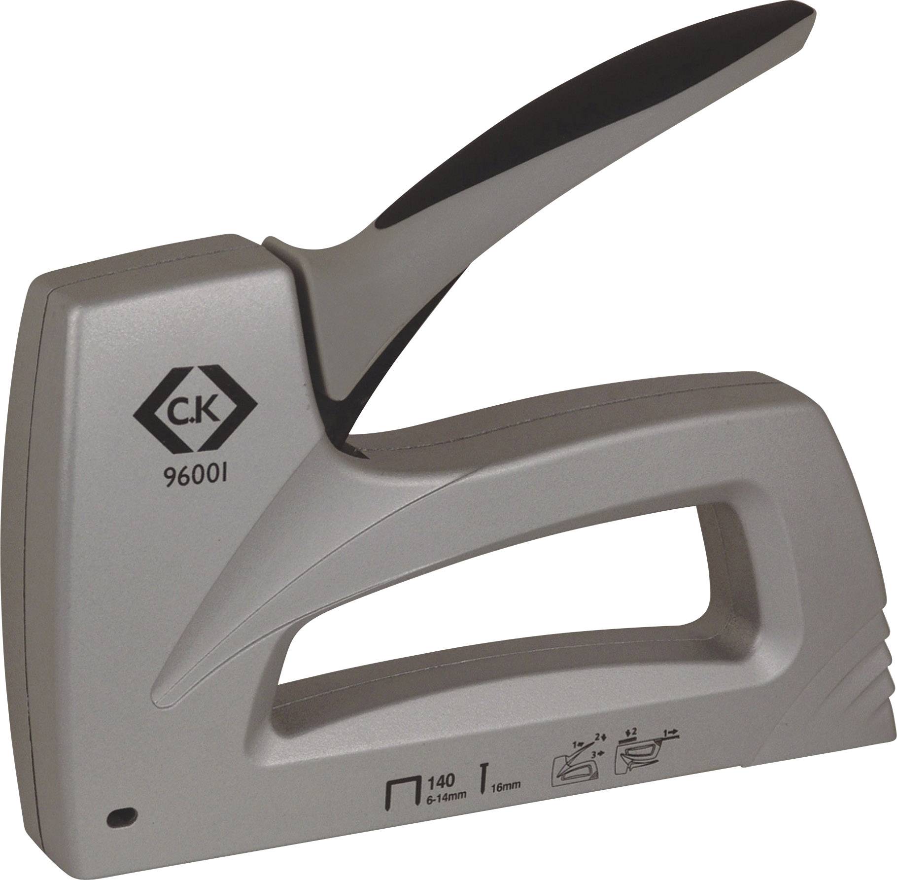 A silver staple gun with lever handle. Brand logo and model number 'C.K 9600I' pictured on the side. Suitable for 6-16 mm staples.