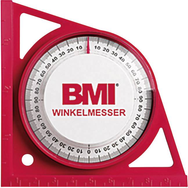 Red angle measurer with white dial and black scale. 'BMI Protractor' is written in the centre of the dial.