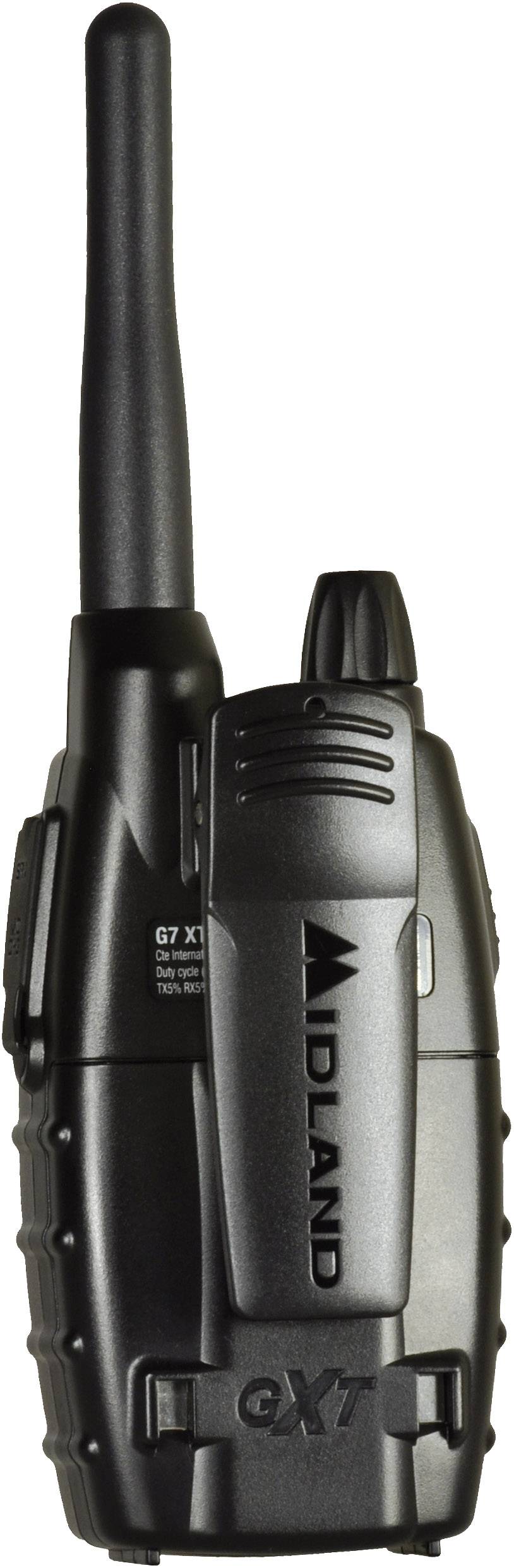 A black walkie-talkie with an aerial. It has a fixed push-to-talk button, textured side grips, and the 'Midland' brand on the front.