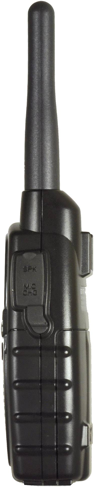 Black walkie-talkie with long antenna, side volume buttons and textured grip for better handling.