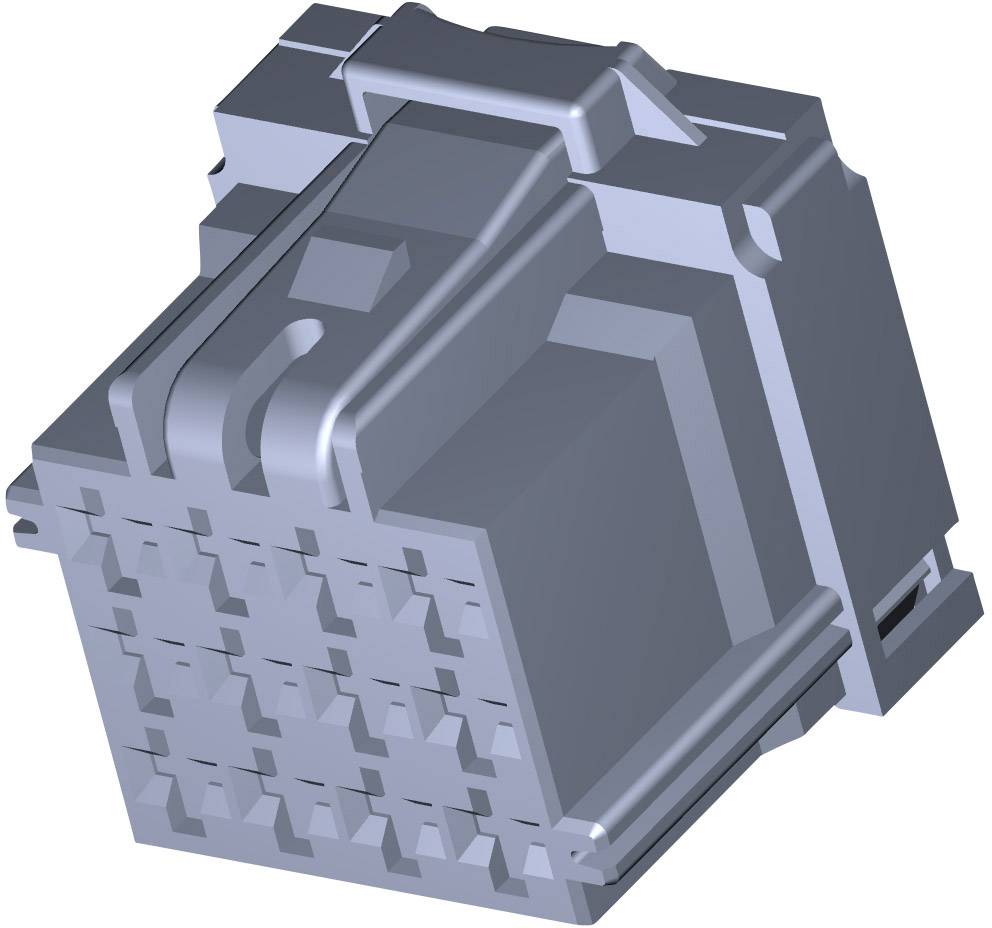 A grey, cubic mechanical component with symmetrical recessed patterns and an upper gripping edge, potentially an electrical connector.