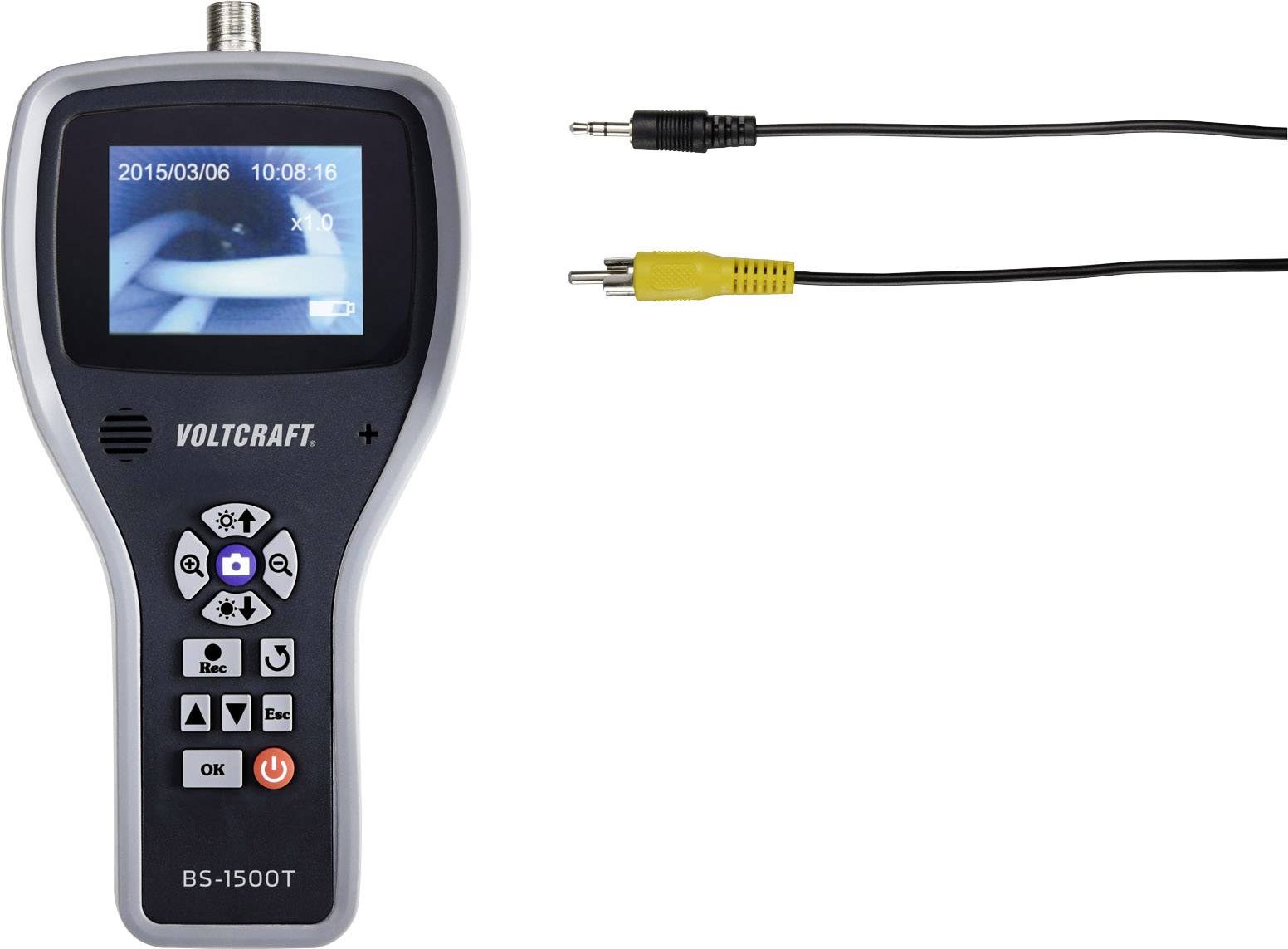 'VOLCRAFT BS-1500T' Inspection Camera with Screen and Two Audio Cables with Yellow and Black Plugs on the Left.
