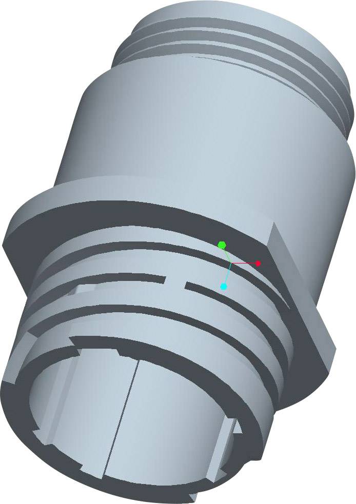 A grey, cylindrical plastic component with threading and multiple grooves, potentially a connecting element or adapter.