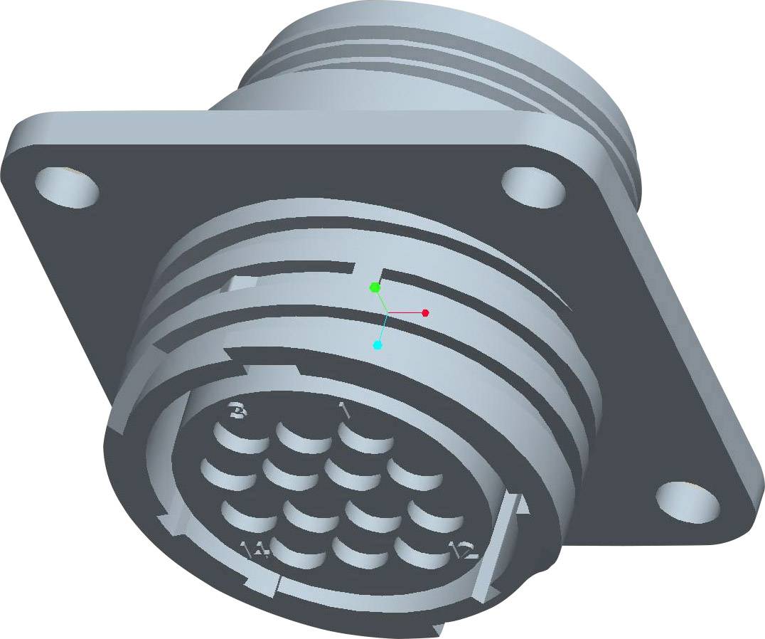 3D model of a round, multi-pole connector with a rectangular mounting plate and multiple pin connections.