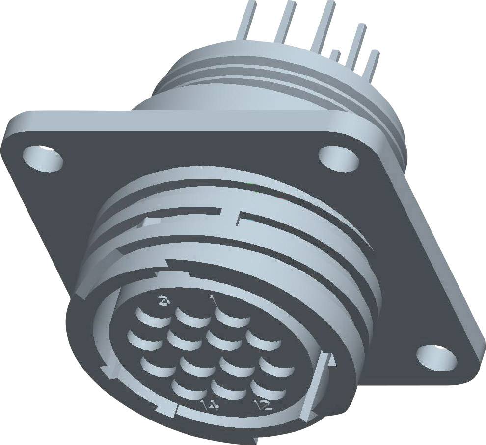 Electrical plug connector with flange, multi-pole, showing pin contacts and mounting thread.