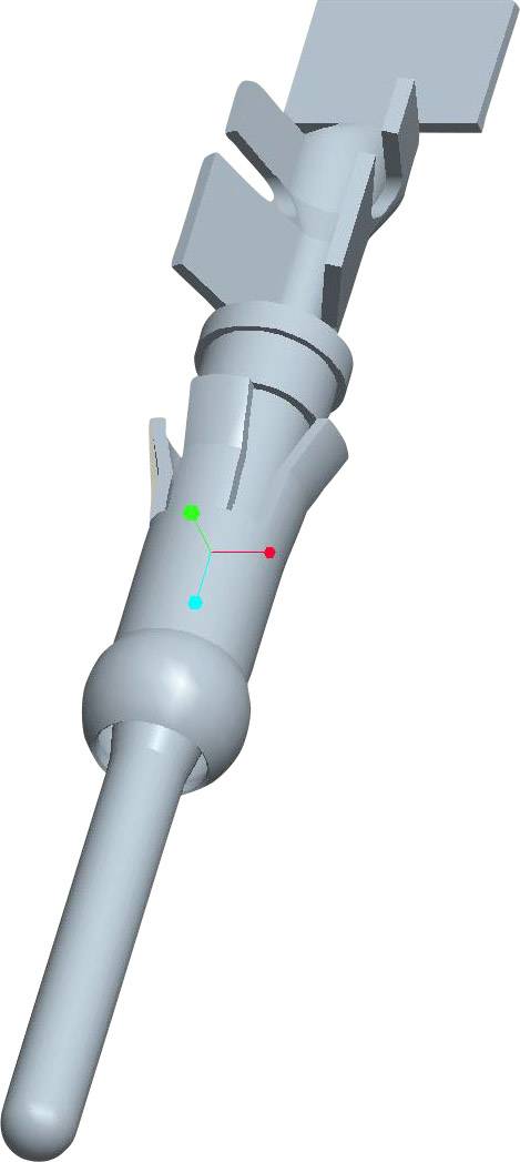 3D illustration of a complex component with cylindrical and arched elements, marked with coloured axis indicators for orientation.