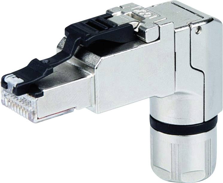 A right-angled RJ45 network plug with a robust silver metal casing and black locking mechanism, for secure connections.