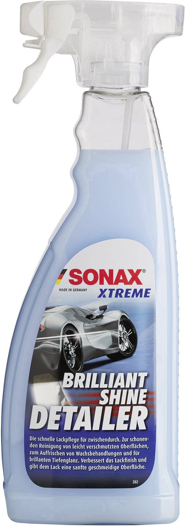 Bottle of car care product 'SONAX Xtreme Brilliant Shine Detailer', blue liquid, image of a gleaming car on the label.