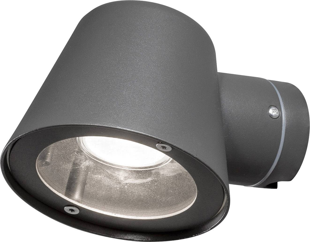 Black wall light with cylindrical shade, directed downwards. Suitable for exterior areas.